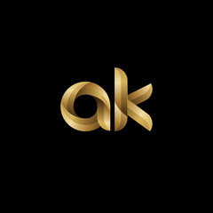 Initial lowercase letter ak, swirl curve rounded logo, elegant golden color on black background
