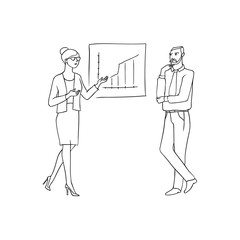 Vector sketch black contour isolated illustration of business people. A woman in a business suit analyzes the chart of the future sales growth and is in discussion with a male employee.