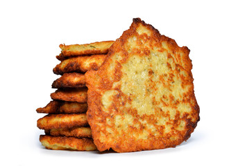 Fried potato pancake flavored with garlic and marjoram isolated on white background. Traditional Czech food.