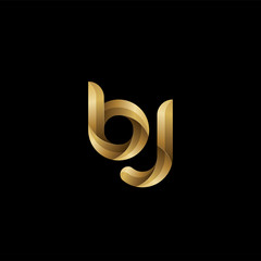 Initial lowercase letter bj, swirl curve rounded logo, elegant golden color on black background