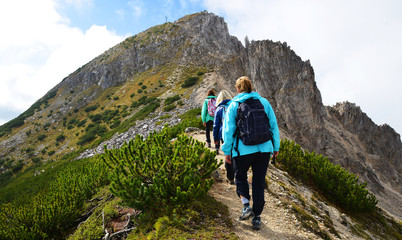 Tourists on a trip in Dolomites mountain , Val di Fiemme, South Tyrol, Italy.