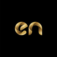 Initial lowercase letter en, swirl curve rounded logo, elegant golden color on black background