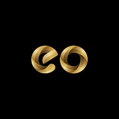 Initial lowercase letter eo, swirl curve rounded logo, elegant golden color on black background