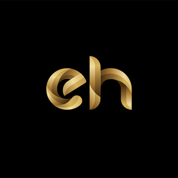 Initial lowercase letter eh, swirl curve rounded logo, elegant golden color on black background
