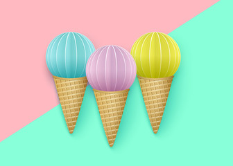 Set of ice cream horns, Punchy Pastels. Isolated 3D Objects for Advertising ice cream, Vacation, Summer time. Paper cut. Vector Illustration