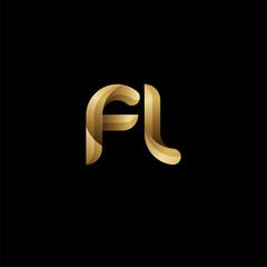 Initial lowercase letter fl, swirl curve rounded logo, elegant golden color on black background