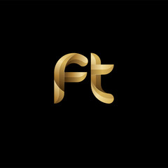 Initial lowercase letter ft, swirl curve rounded logo, elegant golden color on black background