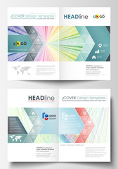 Business templates for bi fold brochure, magazine, flyer. Cover template, easy editable vector, flat layout in A4 size. Colorful background, abstract waves, lines. Bright color curves. Motion design.