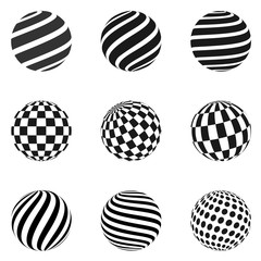 Set of minimalistic shapes. Halftone black color spheres isolated on white background. Stylish emblems. Vector spheres with stripes, dots, squares, rectangles for web designs. Simple signs collection.