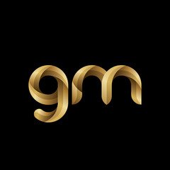 Initial lowercase letter gm, swirl curve rounded logo, elegant golden color on black background