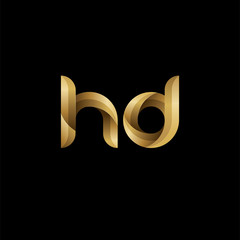 Initial lowercase letter hd, swirl curve rounded logo, elegant golden color on black background