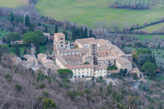 Sabina (Italy) - The landscape of area in province of Rieti, central Italy, from the San Martino abbey ruin in Fara Sabina. Here in particular: the Abbey of Farfa