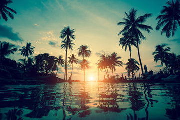 Naklejka na ściany i meble Palm trees silhouettes at tropical coast during an amazing sunset.