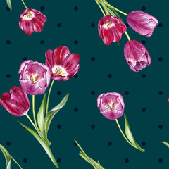 hand drawn watercolor seamless pattern with tulips
