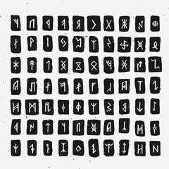 Set of Old Norse Scandinavian runes carved in wood. Runic alphabet, futhark. Ancient occult symbols, vikings letters on white, rune font. Vector illustration with light texture. Ancient norse letter.