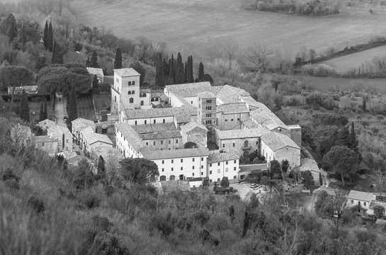 Sabina (Italy) - The landscape of area in province of Rieti, central Italy, from the San Martino abbey ruin in Fara Sabina. Here in particular: the Abbey of Farfa