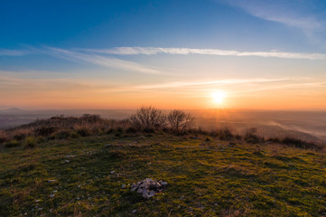 Fara in Sabina (Italy) - The sunset from 'Ruderi di San Martino', ruins of an old abbey, in...