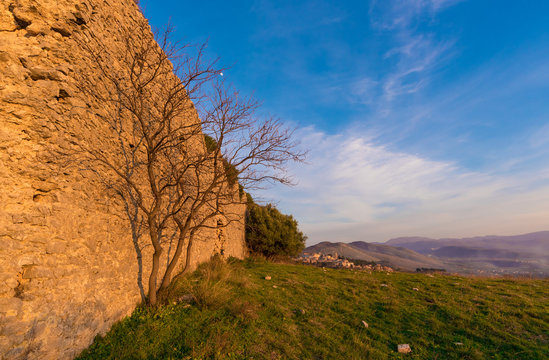 Sabina (Italy) - The landscape of area in province of Rieti, central Italy, from the San Martino abbey ruin in Fara Sabina. Here in particular: the walls of church