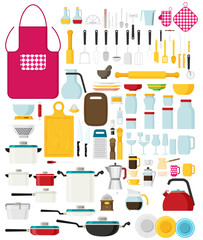 Kitchen utensils set flat vector. Kitchenware, cookware, kitchen tools collection. Modern flat icons set.
