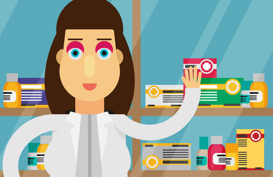 Modern flat vector illustration of a female pharmacist at the counter in a pharmacy opposite the shelves with medicines. Health care conceptual background