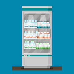 Supermarket. Flat vector. Refrigerator with milk products
