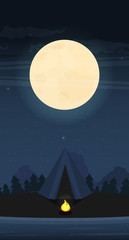 Camping in Forest at Night. Flat design Style.