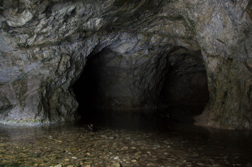 Underground view - a cave inside with an underground river