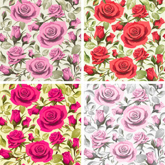 Seamless floral patterns with roses on a light backgrounds.