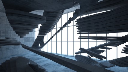 Abstract white and concrete parametric interior  with window. 3D illustration and rendering.