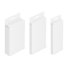 Set of white blank boxes with hanging tab. Isometric packaging mockups. Vector illustration