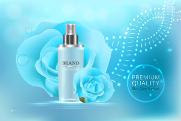 blue cosmetic container with advertising background ready to use, valentines concept skincare ad. illustration vector.