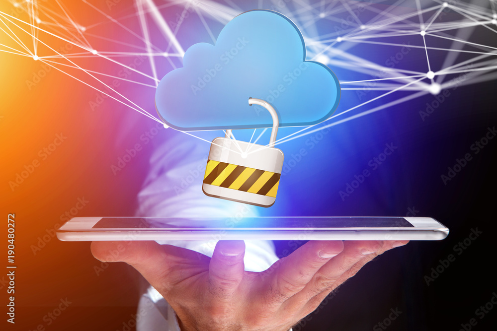 Poster padlock security connected to a cloud displayed on a futuristic interface - connection concept