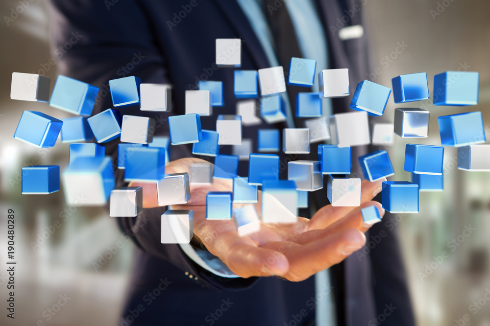 Poster 3d rendering blue and white cube on a futuristic interface