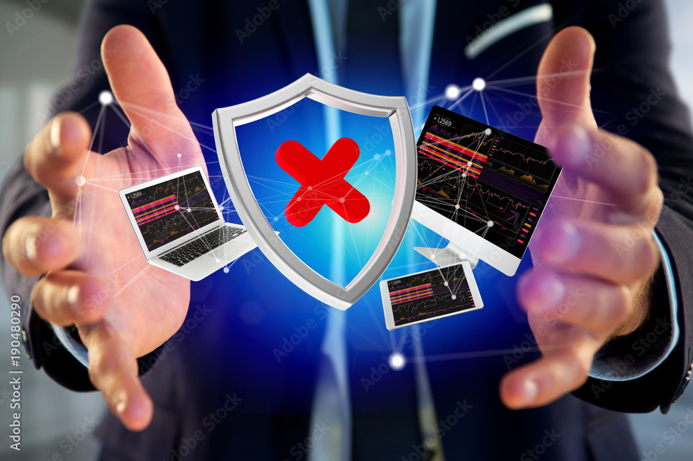 Poster hacked shield symbol surrounded by devices and network displayed on a futuristic interface