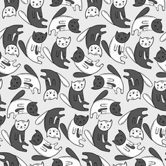 Kids seamless pattern with cute kawaii monochrome cats. Thoughtful tired doodle black and white kitten with hatching shadow, yin and yang symbol, texture for textile, wrapping paper, background, cover