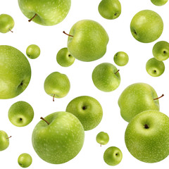 Fruit background with green apples on white. Flying (falling) fruit.