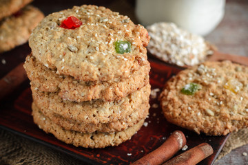 Homemade oatmeal cookies close-up on a plate