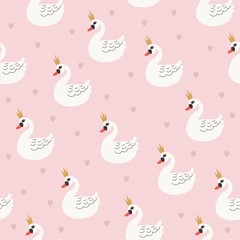 Cute seamless pattern with white swans and young hearts. Vector background.