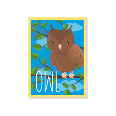 Cute owl vector illustration with woodland bird, design element for banner, flyer, placard, greeting card, cartoon style