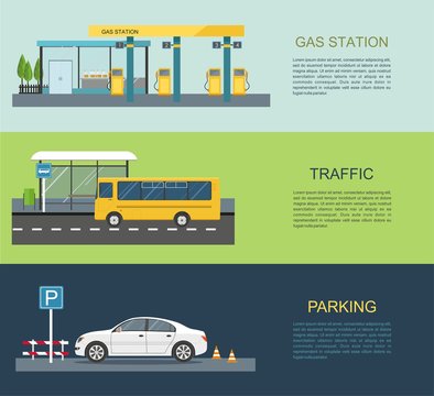 Gas station, bus stop, parking lot  Vector flat illustration Transportation infographics	
