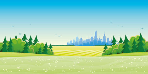 Fototapeta premium Beautiful summer landscape and city on the horizon.