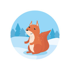 Cute squirrel on the background of winter landscape vector Illustratio, cartoon style