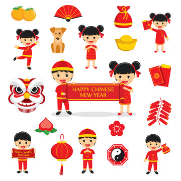 Happy chinese new year decoration traditional symbols set with characters and icons elements isolated on white background.