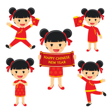 Happy chinese new year girl in traditional clothes celebrate. Set of character cartoon isolated on white background.