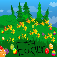 Happy Easter text and Easter eggs on a green meadow. Vector cartoon illustration.