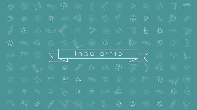 Purim holiday flat design animation background with traditional outline icon symbols and hebrew text