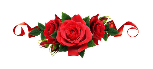 Naklejka premium Red rose flowers and silk ribbons in a line arrangement