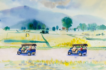  Painting landscape of  Tuk tuk taxi, tourist travel in cornfield.