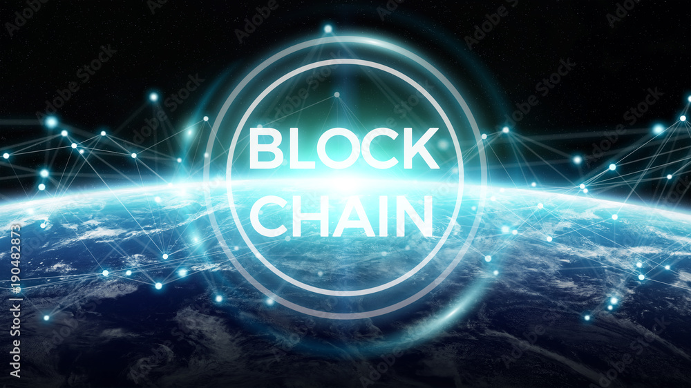 Poster Blockchain on planet Earth 3D rendering