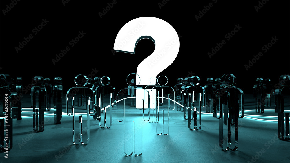 Poster question mark illuminating a group of people 3d rendering